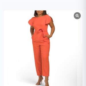 CALVIN KLEIN CROPPED JUMPSUIT, SPLIT FLUTTER SLEEVE, Orange, SIZE 4